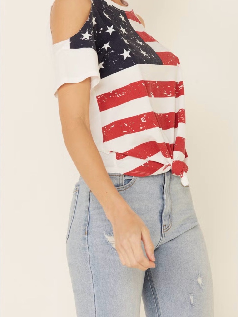 NEW SHYANNE WOMEN'S FLAG COLD SHOULDER TIE-UP TOP - Picture 2 of 10